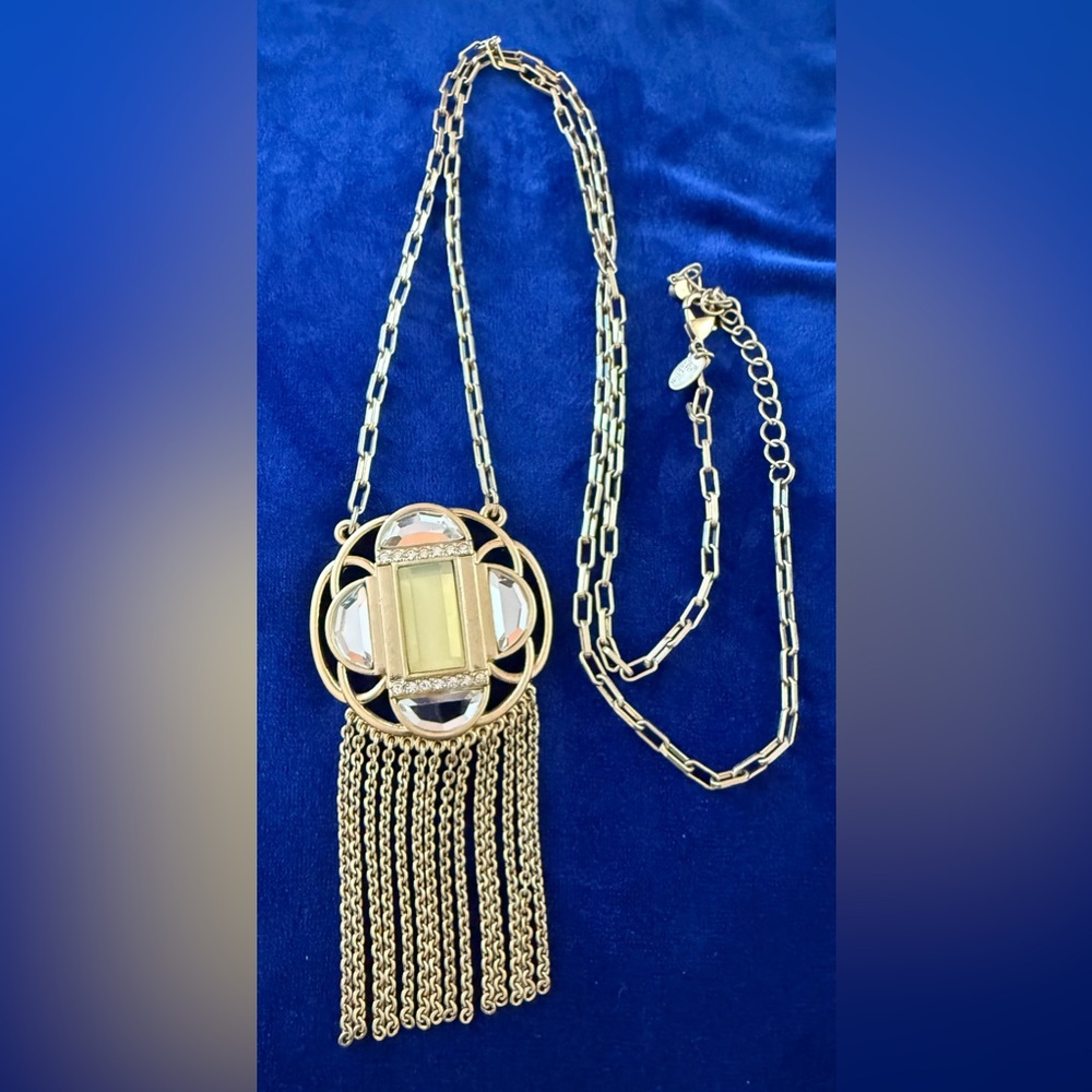 Gold Mirrored Art Deco Fringe Pendant Necklace with Yellow Stone